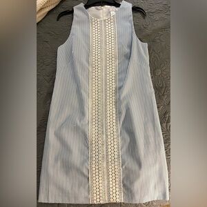 London Times Sleeveless Blue and White Stripe Shift Dress with Lace Panel Size 8